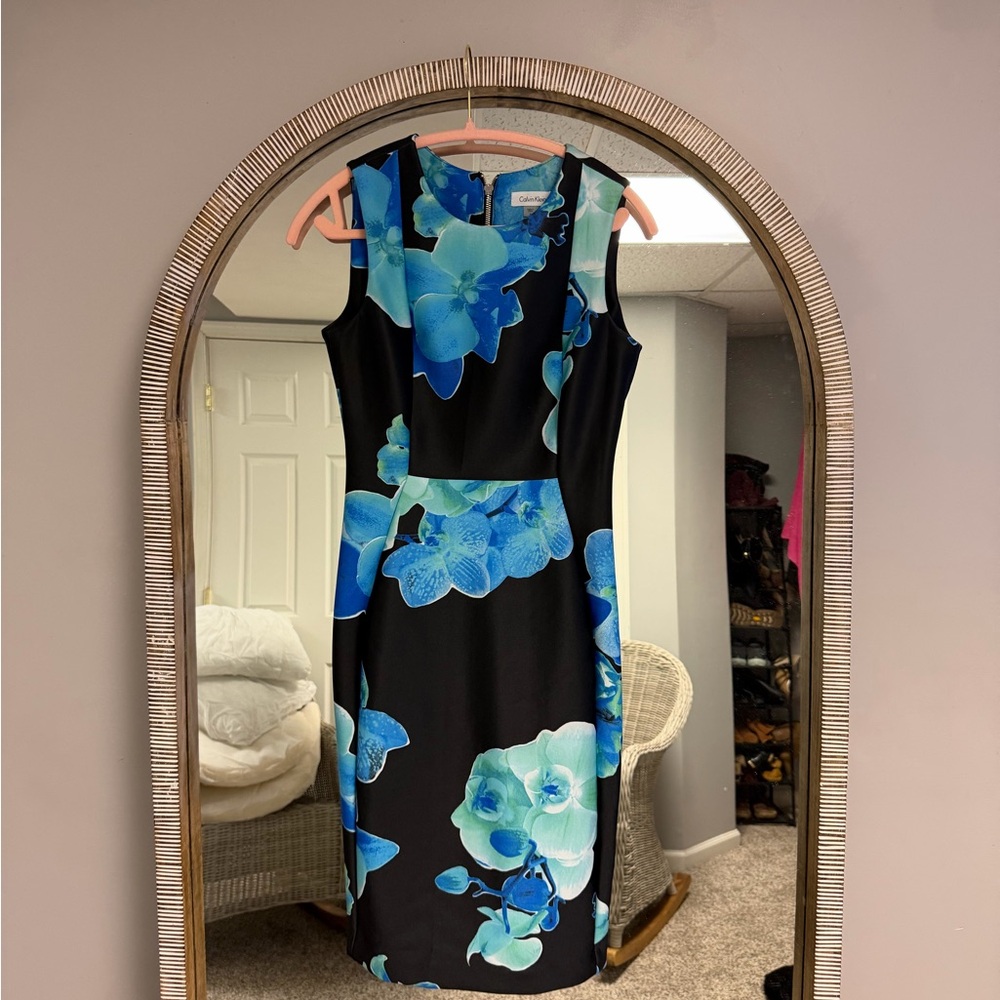 Calvin Klein Scuba Midi Dress with Blue Floral Print